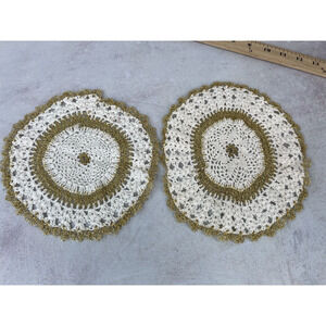 Vintage White & Gold Wire Handmade Round Crochet‎ Dining Table Doily - Lot of 2